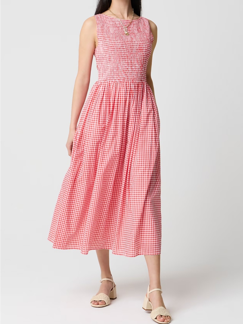 J. Crew Factory Red Gingham Midi Dress with Smocked Bodice